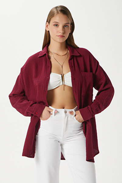 Ritnice Women's Tilda 100% Cotton Muslin Oversize Claret Red Shirt