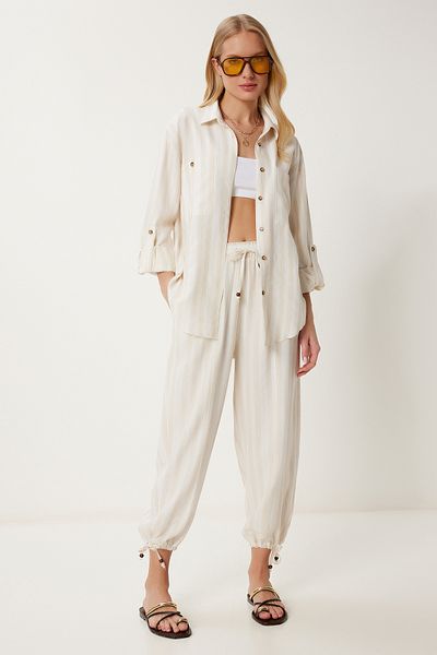 Lovelyİstanbul Striped Linen Shirt Pants Suit Cream Lmx0079