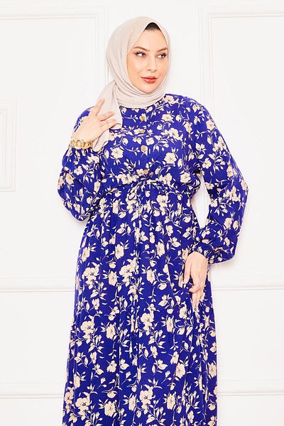 EBRUTESETTÜR Patterned Shirred Waist Buttoned Front Viscose Hijab Dress