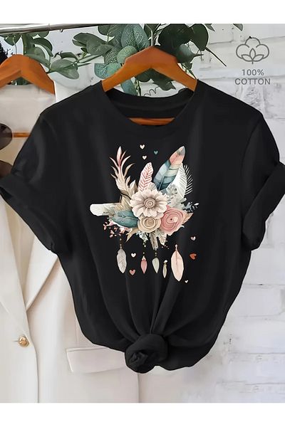 Pink Sky Cotton Oversize Pastel Floral and Feather Bohemian Printed Short Sleeve Crew Neck Comfortable Casual T-Shirt