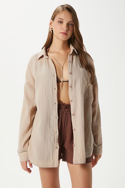 Ritnice Cămașă de damă Tilda, 100% bumbac, muselină, oversize, bej