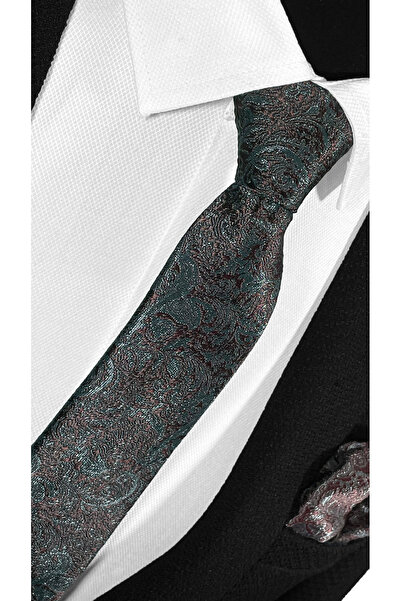 BLC Basic Line Co. Σετ γραβάτα και μαντήλι από μικροΐνες με μοτίβο μπορντό σε σκούρο γκρι φόντο - Μοντέρνα κοπή 7 cm