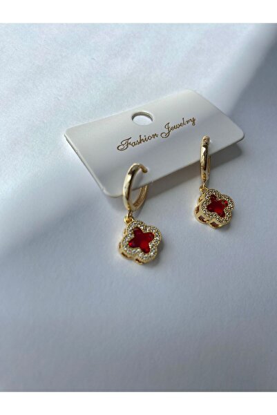 marsel aksesuar Bordo Renkli Yonca Zirkon Taşlı Küpe