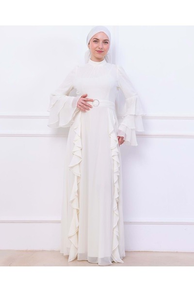 Patisca 25Y9595 ELBİSE ABİYE ŞİFON FIRFIR DETAY EKRU