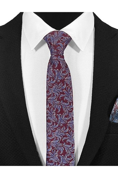 BLC Basic Line Co. Burgundy and Indigo Blue Leaf Motif Microfiber Tie and Handkerchief Set - 7 cm Modern Cut