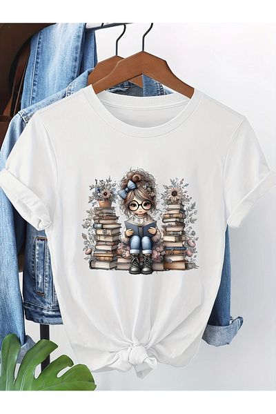 Pink Sky Cotton Oversize Girl Reading a Book and Flower Printed Short Sleeve Crew Neck Comfortable Casual T-Shirt