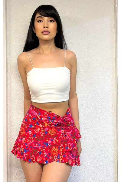 İNSUEL Floral Patterned Viscose Woven Fabric Shorts Skirt - 80-01 - Red
