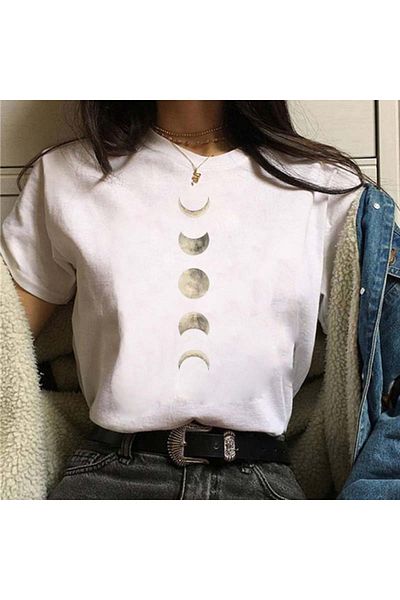 Pink Sky Cotton Oversize Moon Phase Printed Short Sleeve Crew Neck Comfortable Casual T-Shirt