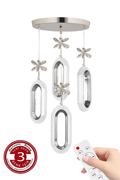 RANSOM 3 Renk Kumandalı Krom Kasa Elips Led Avize 4 Lü Modern Ledli Avize