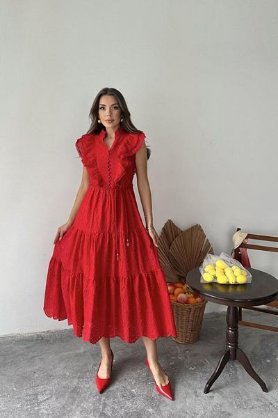 modaserdem Red Ruffled Buttoned Dress