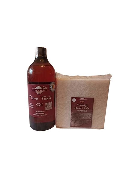 woodworker Kit intretinere Prep’N’Shine-Pure Teak Oil & Hand Pad’s Non Abraziv alb, 1000 ml