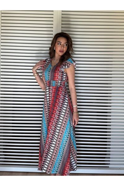 modaserdem Women's Short Sleeve V-Neck Print Side Slit Single Jersey Dress