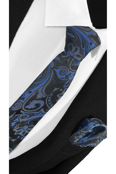 BLC Basic Line Co. Γραβάτα από μικροΐνες με μπλε σχέδιο σάλι στο μαύρο φόντο - 7 cm Μοντέρνα κοπή