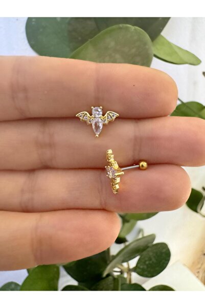 Arescollection 1 ADET ZİRKON TAŞLI YARASA TRAGUS HELİX KIKIRDAK LOBE UYUMLU PİERCİNG KÜPE