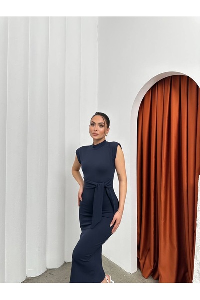 caddstore Rochie albastru marin cu șireturi și umeri căptușiți