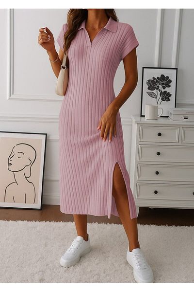 modaserdem Women Short Sleeve Collared Side Slit Thick Twill Camisole Dress