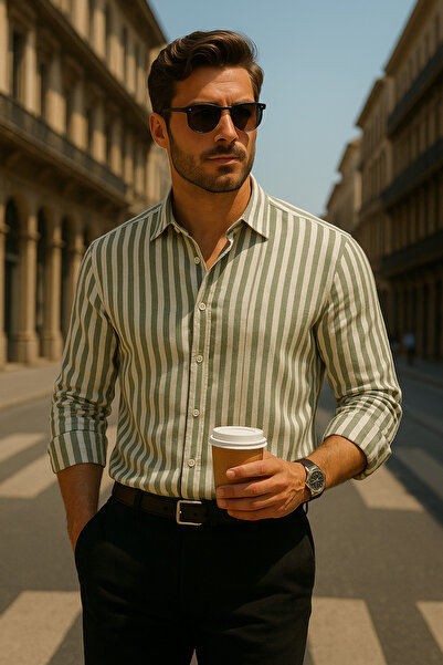 Enjoy Men's Comfort Shirt Gray White Striped Linen Comfortable Fit