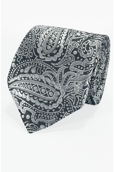 BLC Basic Line Co. Silver Gray Paisley Microfiber Tie on Anthracite Ground - 7 cm Modern Cut