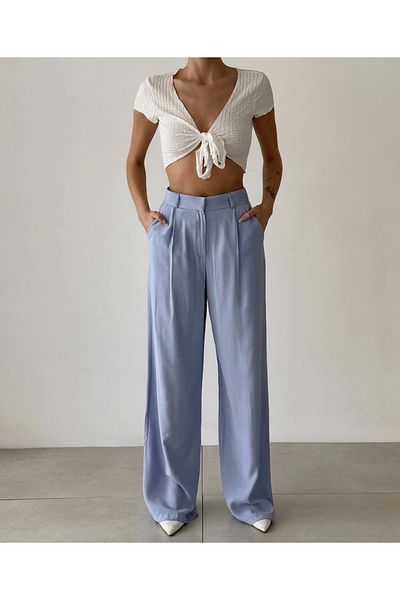Myra High Waist Palazzo Wide Leg Trousers-Blue