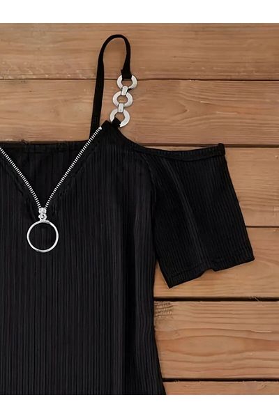 İpeksi Silky Women's Strap Front Zipper Asymmetrical Cut Detailed Thick Ribbed Camisole Dress
