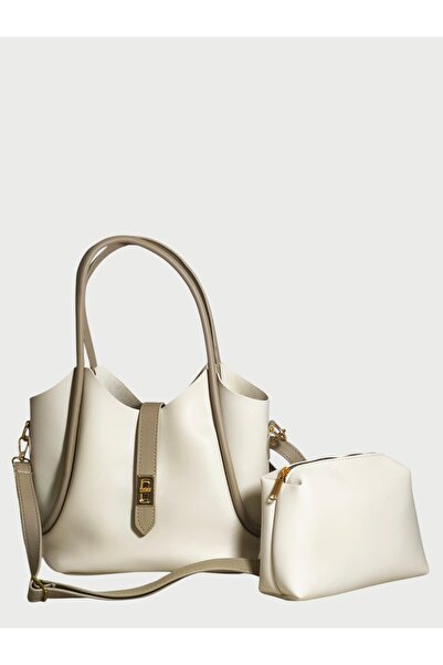 Jagu حقيبة مكياج نسائية بلونين من فرو المنك الكريمي مع تفاصيل إغلاق بقفل وحقي...