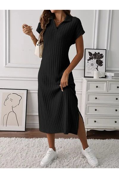 modaserdem Women Short Sleeve Collared Side Slit Thick Twill Camisole Dress