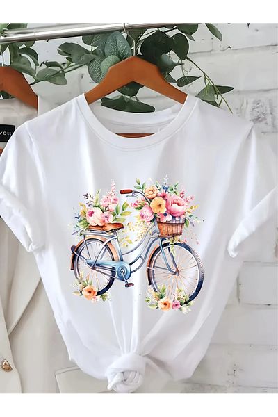 Pink Sky Cotton Oversize Floral Bicycle Printed Short Sleeve Crew Neck Comfortable Casual T-Shirt