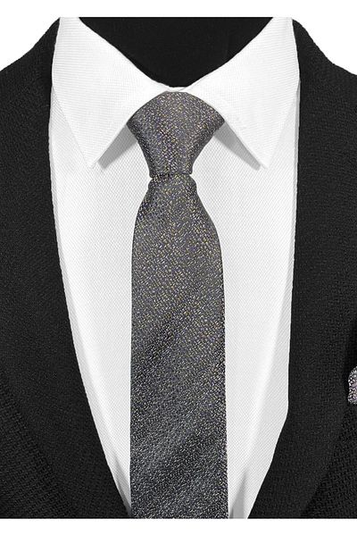 BLC Basic Line Co. Bitter Brown Gray Patterned Microfiber Tie and Handkerchief Set - 7 cm Modern Cut