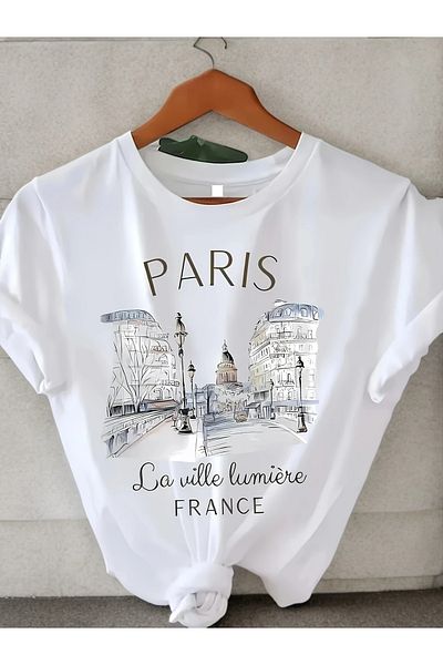 Pink Sky Cotton Oversize Paris La Ville Lumière Landscape Short Sleeve Crew Neck Comfortable Casual T-Shirt
