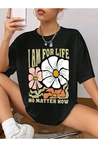 Pink Sky Cotton Oversize "I Am for Life" Printed Short Sleeve Crew Neck Comfortable Casual T-Shirt