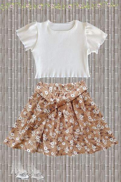 MODA59 Girl's Skirt Suit, Light Brown Floral Skirt - Ecru Corded Crop