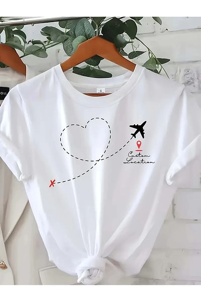 Pink Sky Cotton Oversize Heart Airplane Route and Custom Location Short Sleeve Crew Neck Comfortable Casual T-Shirt