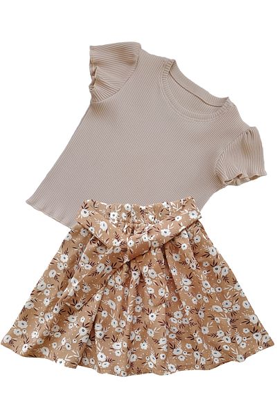 MODA59 Girl's Skirt Suit, Light Brown Floral Skirt - Beige Color Twill T-Shirt
