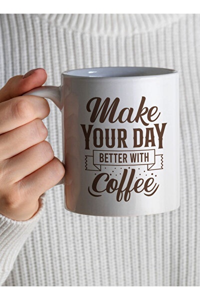 LOWHA 11 oz Ceramic Mug with Make Your Day Better with Coffee Design