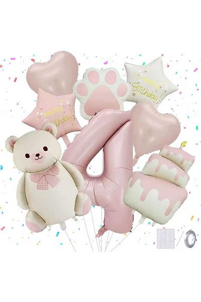 DÜVENCİ TİCARET Cream Bear Paw Cake Birthday Age Balloon Set with Foil Balloons