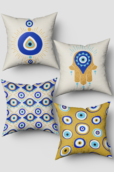 EsnafAli Blue Mustard Yellow Evil Eye Bead Patterned Set of 4 Throw Pillow Co...