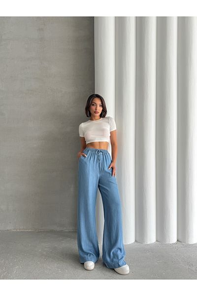 Miss Prova Waist Tied Detailed Double Pocket Blue Loose Denim Trousers Misspnt8985