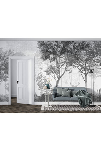 Genel Markalar Siyah Beyaz Eskitme Tarz Orman Ağaç Manzarası Duvar Kağıdı