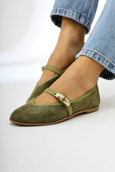 Limoya Dámské baleríny z pravé kůže Aliana Khaki Suede s detailem přezky