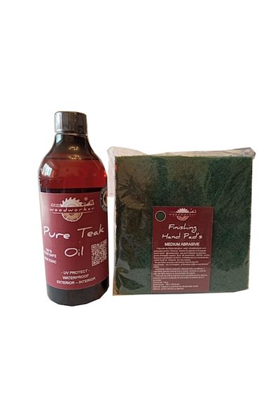 woodworker Kit intretinere Prep’N’Shine-Pure Teak Oil & Hand Pad’s Medium Abrasive verde, 500 ml