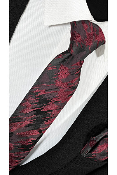 BLC Basic Line Co. Σετ γραβάτα και μαντήλι από μικροΐνες με μοτίβο βορντό με πινέλο σε μαύρο φόντο - 7 cm μοντέρνα κοπή