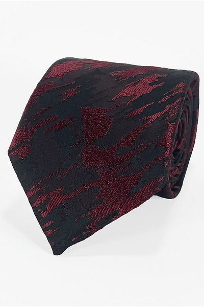BLC Basic Line Co. Microfiber Tie and Handkerchief Set with Burgundy Brush Pattern on Black Background - 7 cm Modern Cut