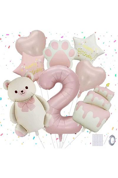 DÜVENCİ TİCARET Cream Bear Paw Cake Birthday Age Balloon Set with Foil Balloons