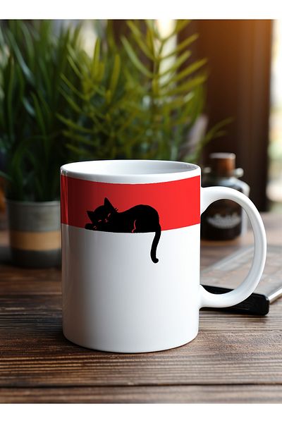 LOWHA 11 oz Ceramic Mug with Black Cat Design