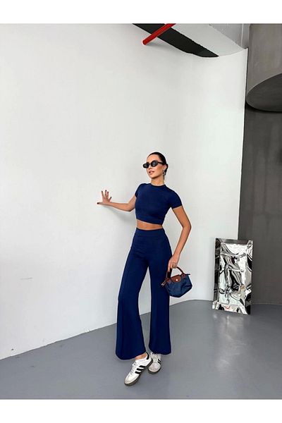 modaserdem Osy Modal Soft Textured Fabric Short Sleeve Crop Bottom Flared Pants Double Suit - L