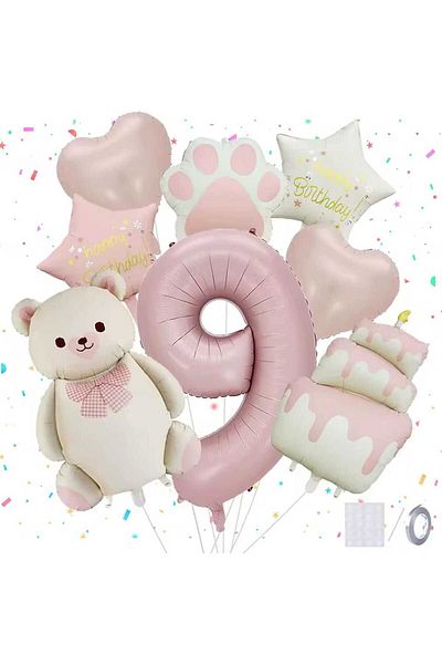 DÜVENCİ TİCARET Cream Bear Paw Cake Birthday Age Balloon Set with Foil Balloons
