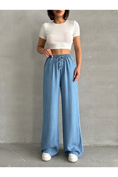 Miss Prova Pantaloni largi din denim albastru cu buzunar dublu cu detaliu de legare în talie MISSPNT8985