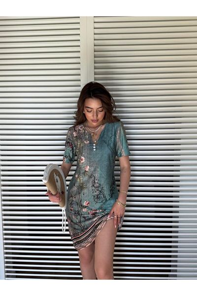 Modayakamoz Women's Short Sleeve V Neck Floral Printed Midi Single Jersey Dress