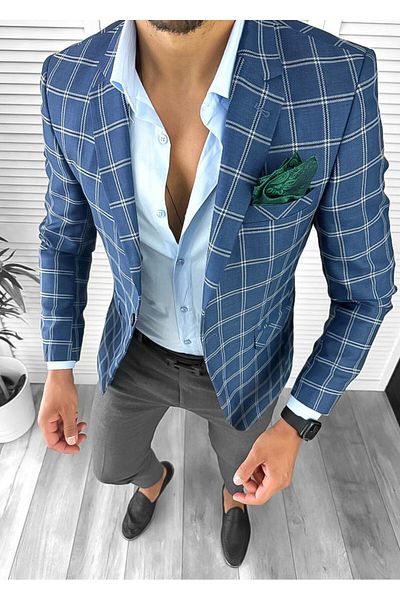 dehaine Sacou pentru barbati, slim fit, in carouri, 12715, albastru