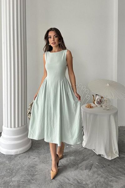 modaserdem Mint Gathered Side Midi Length Linen Dress